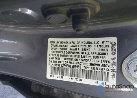 2013 Honda Civic Ex-L z USA, uszkodzony, nr VIN 19XFB2F93DE207985